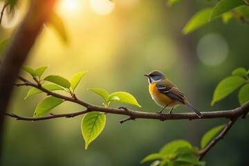 Robin bird perched on a tree branch in a natural garden setting