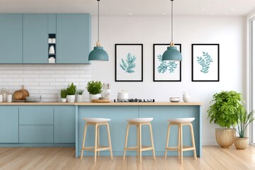 Modern kitchen interior with island and bar stools showing minimalist design