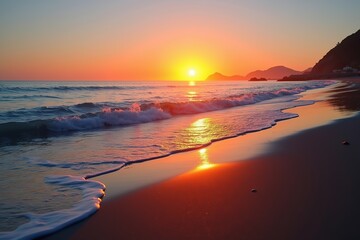 Sunset glowing over the calm beach and ocean with waves under colorful sky