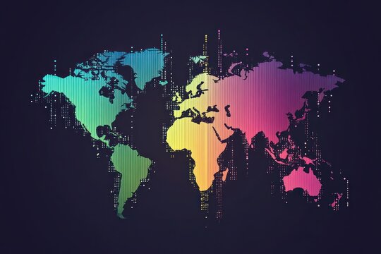Fototapeta Pixel-style world map with rainbow color transition, minimalist design