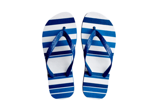 Blue and white striped flip flops on transparent background, PNG