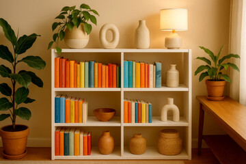 Colorful Bookshelf With Neatly Arranged Books and Decorative Items in a Cozy Living Room Setting With Natural Light