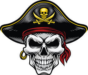 A pirate skull in a captain hat skeleton vintage woodcut style design