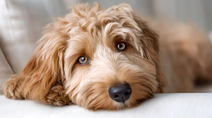International Doodle Dog Day, a light brown doodle dog with sparkling eyes is relaxing on a white sofa. The dog looks like he wants to take a rest. AI generated images.