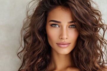 Naklejka premium Beautiful model posing with long brown curly hair and perfect makeup