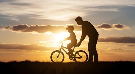 Father Teaching Son to Ride a Bike at Sunset A Silhouette of Cherished Moments