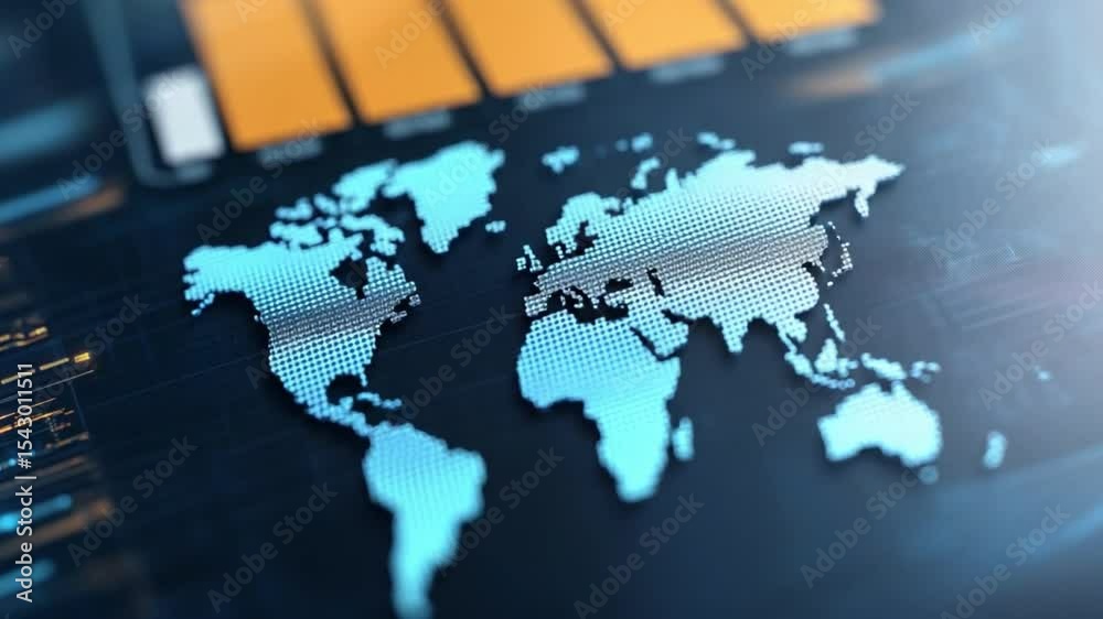 Poster global network: a stylized world map is prominently displayed on a futuristic digital interface, sym