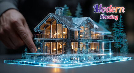 A real estate architect visualizes a smart house model on a futuristic digital interface, showcasing innovation, modern housing trends, and advanced property technology.