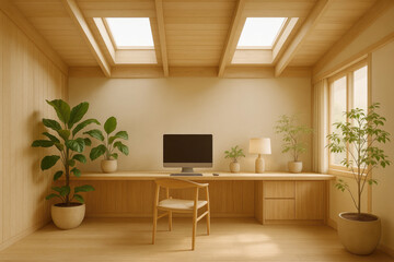 Stylish and Minimalistic Home Office Setup With Natural Light and Greenery During Daylight Hours