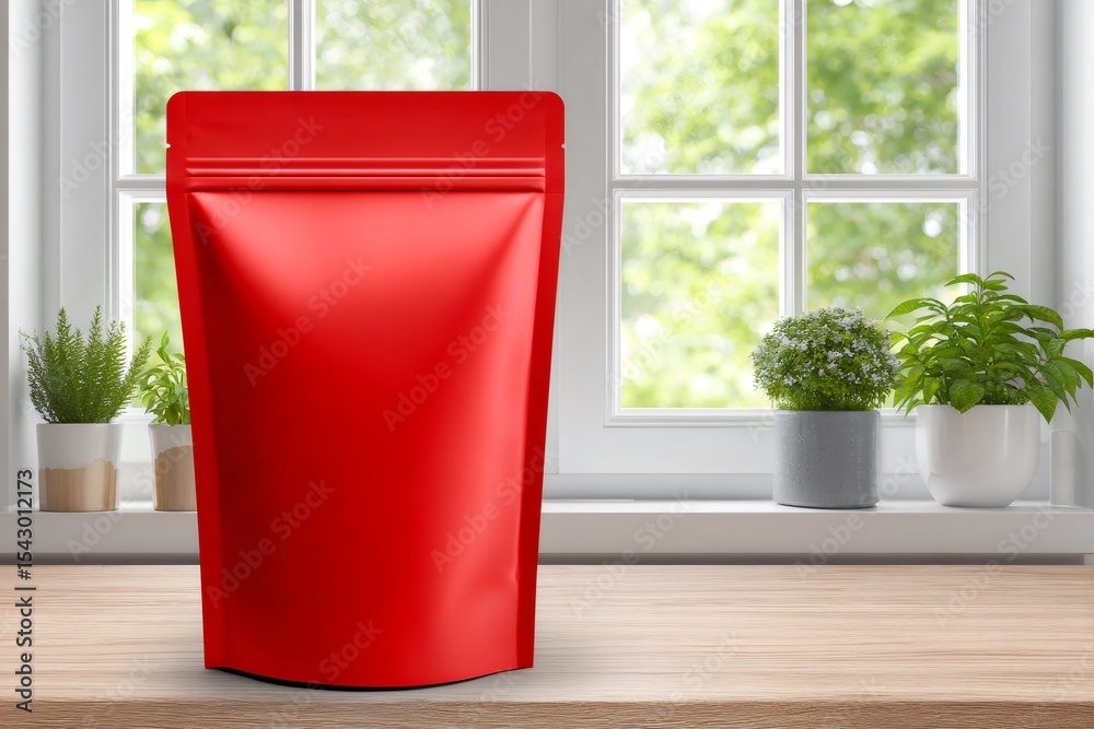 Poster red doypack pouch standing on wooden table by window