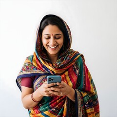 Indian woman in colorful saree smiling while using a smartphone