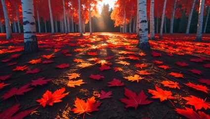 Autumn Forest Floor Covered in Red Maple Leaves with Sunlight