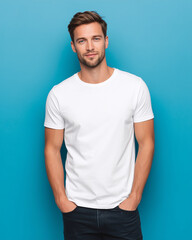 A man in a white shirt and blue jeans is smiling for the camera. Concept of confidence and positivity