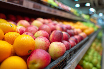 A fruit stand with apples and oranges. The apples are red and the oranges are orange
