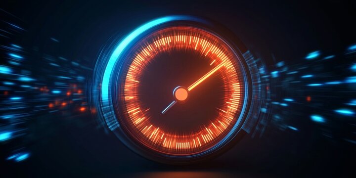 Digital speedometer interface displays rapid advancement with orange and blue hues, speed indicator. - Powered by Adobe