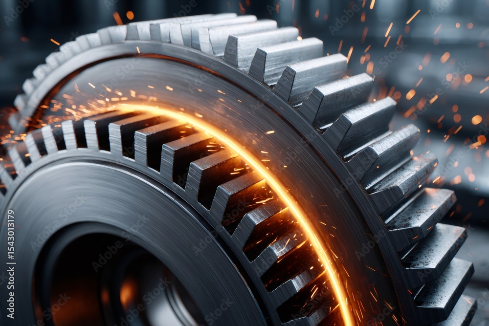 Poster large industrial gear rotating with sparks in a mechanical system