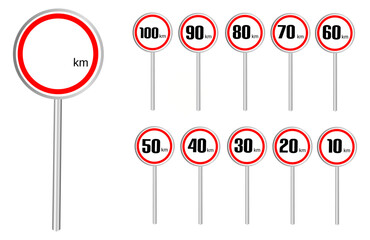 flat speed limit sign set on white background. Road speed limit sign is circular and its pole. 100 km per hour to 10 km per hour and blank sign
