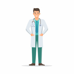 Fototapeta premium Smiling Doctor: A friendly and approachable doctor in a white coat and teal trousers, standing with his hands in his pockets, offers a reassuring smile.&nbsp;
