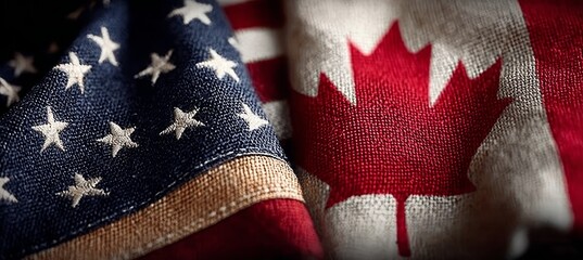 Close-up of American and Canadian flags displaying vibrant colors, stars, and maple leaf symbols