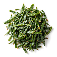 Fototapeta premium Fresh green beans arranged in a circular pile on a white background, showcasing vibrant color and natural texture, ideal for culinary presentations and healthy meal ideas