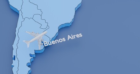 Argentina, Buenos Aires, abstract illustration of a map with an airplane, concept of air travel