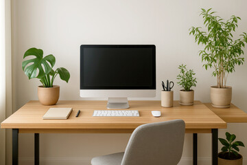 Modern Workspace Showcasing a Clean Desk Setup With Computer, Plants, and Stationery in a Well-Lit Room During Daylight