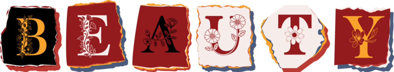 BEAUTY Floral Typography of a Concept Word � Elegant Torn Paper Letter Design