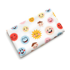 Colorful fabric featuring playful cartoon faces and cheerful suns, ideal for children's projects, crafts, or playful home decor, showcasing a vibrant and joyful design