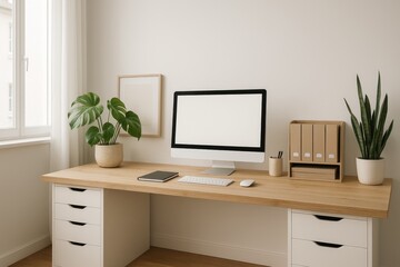 Fototapeta premium Modern Workspace Featuring a Stylish Desk Setup With Computer, Plants, and Organized Filing Solutions, Creating an Inviting Atmosphere for Productivity