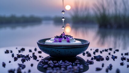 Naklejka premium Pouring Liquid onto Dessert in Bowl with Lavender against Sunrise Backdrop