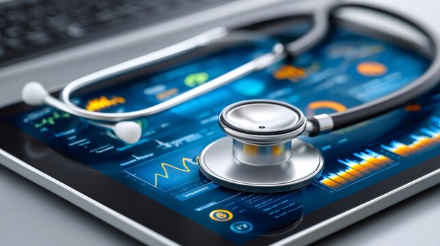 Stethoscope analyzing medical data on digital tablet with charts and graphs - Powered by Adobe
