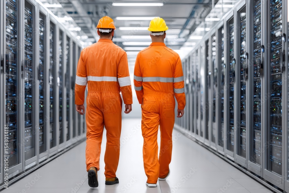Poster Two technicians walking in data center corridor inspecting server racks