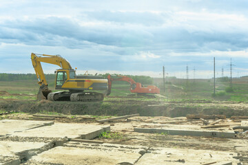 Dynamic Construction Site: Heavy Machinery in Action Under a Dramatic Sky. Innovative...