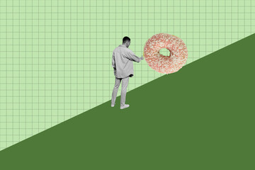 Poster trend collage of person stand touch with donut dessert on green background