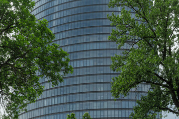 Modern skyscraper with glass facade in urban setting. The interplay of nature and architecture in a...
