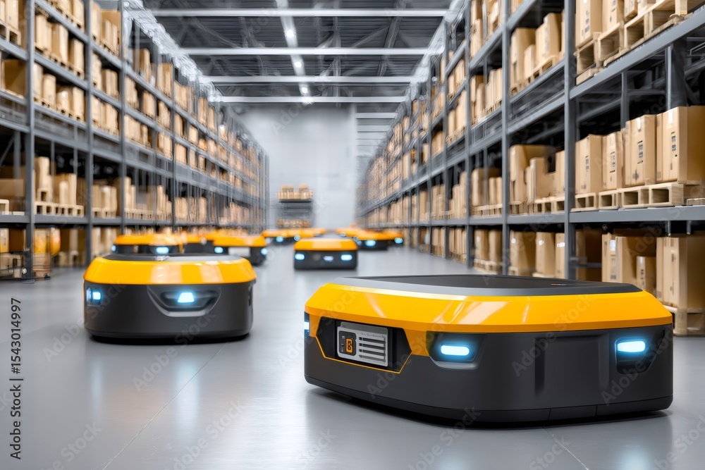 Poster Autonomous mobile robots transporting goods in modern warehouse, smart logistics and automation in distribution center