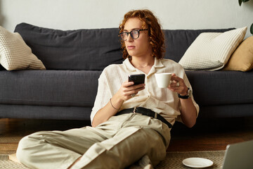Relaxing afternoon at home with a phone and a cup of coffee