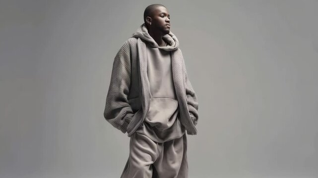 Stylish man models oversized fashion collection in urban setting during daylight hours