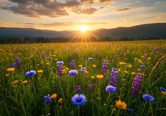 Naklejka premium spring wildflowers in field with golden sunset over hills 