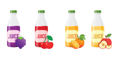Grape, Cherry, Apple, Orange juice icon set collection in flat style. Organic drinks vector illustration on isolated background. Healthy cocktails sign business concept.