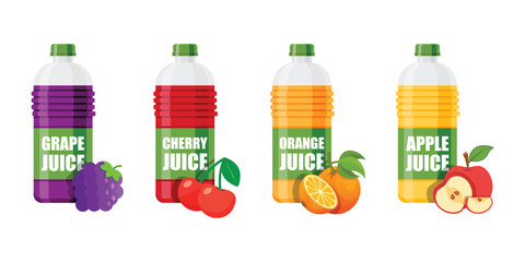 Grape, Cherry, Apple, Orange juice icon set collection in flat style. Organic drinks vector illustration on isolated background. Healthy cocktails sign business concept.