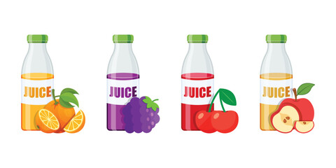 Grape, Cherry, Apple, Orange juice icon set collection in flat style. Organic drinks vector illustration on isolated background. Healthy cocktails sign business concept.