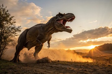 jurassic period t-rex dinosaur in natural habitat at dusk