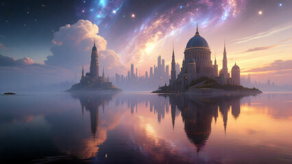 Obraz premium Dreamlike Coastal Cityscape with Grand Domes and Cosmic Sky Reflection