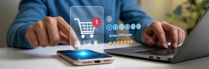 Person using a smartphone and laptop to complete an online transaction.