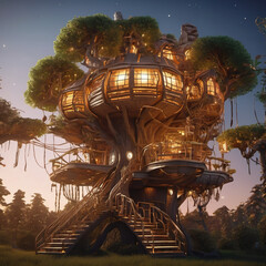 Create a Futuristic Cybernetic Treehouse with Papier-Mâché Medium Shot