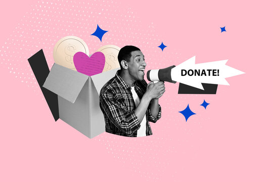 Composite sketch image design trend artwork collage of young man talk megaphone vox heart coins charitable contribution support gift