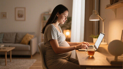 Working from home while expecting, pregnant woman in cardigan using laptop at organized desk with houseplants