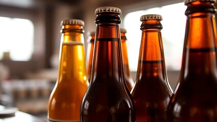 Craft beer bottles with condensation, side-lit — bar-ready
