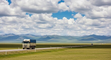 Truck on Road Amidst Vast Landscape Views